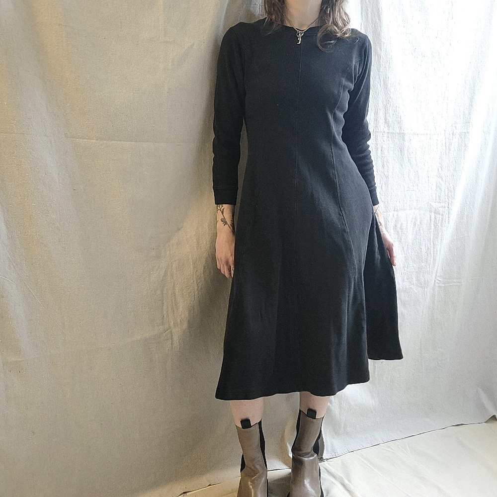 Vintage 80s FADS Fit and Flare Black Cotton Midi Dress 3/4 Sleeves Size Small